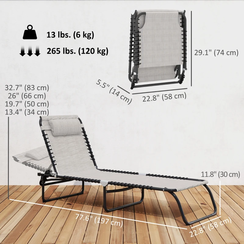 Outsunny Outdoor Folding Lounge Chair, 4-Level Adjustable Chaise Lounge with Headrest, Tanning Chair Beach Bed, Reclining Lounger Cot for Camping, Hiking, Backyard, Cream