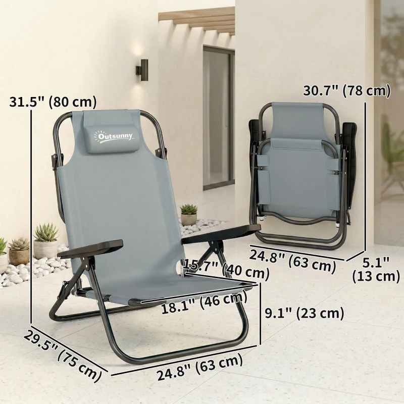Outsunny Set of 2 Beach Chair 5-Position Adjustable Folding Camping Chair with Headrest Armrests Light Grey