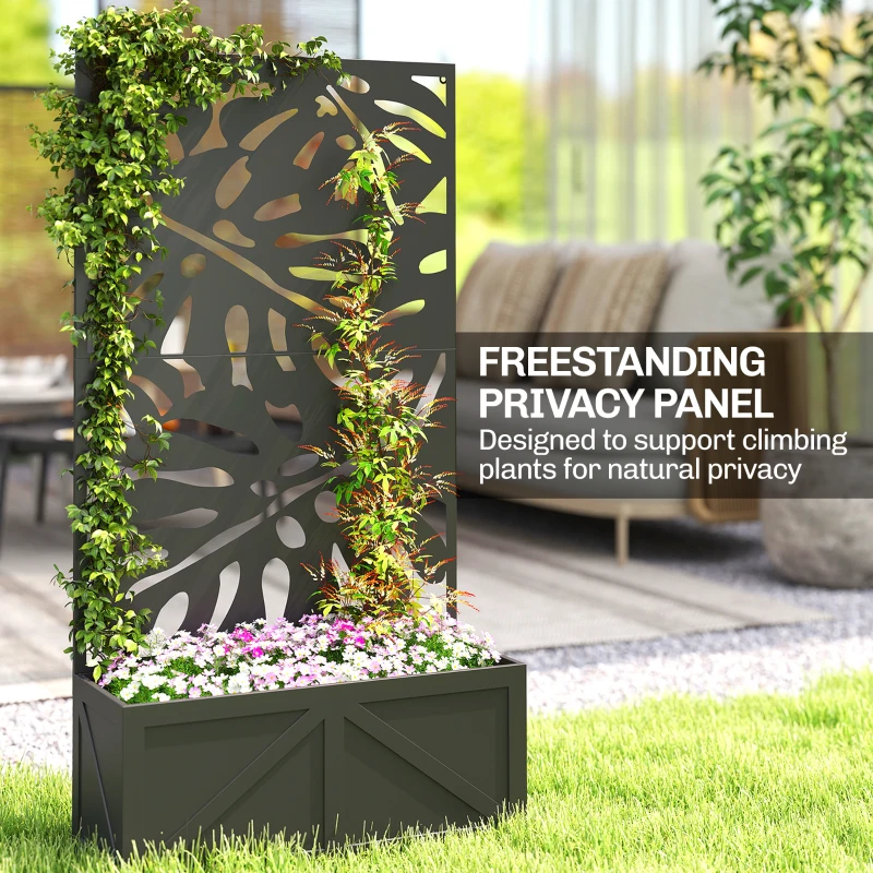 Outsunny Metal Raised Garden Bed with Trellis for Climbing Plants, Freestanding or Wall Mounted Flower Bed with Privacy Panel