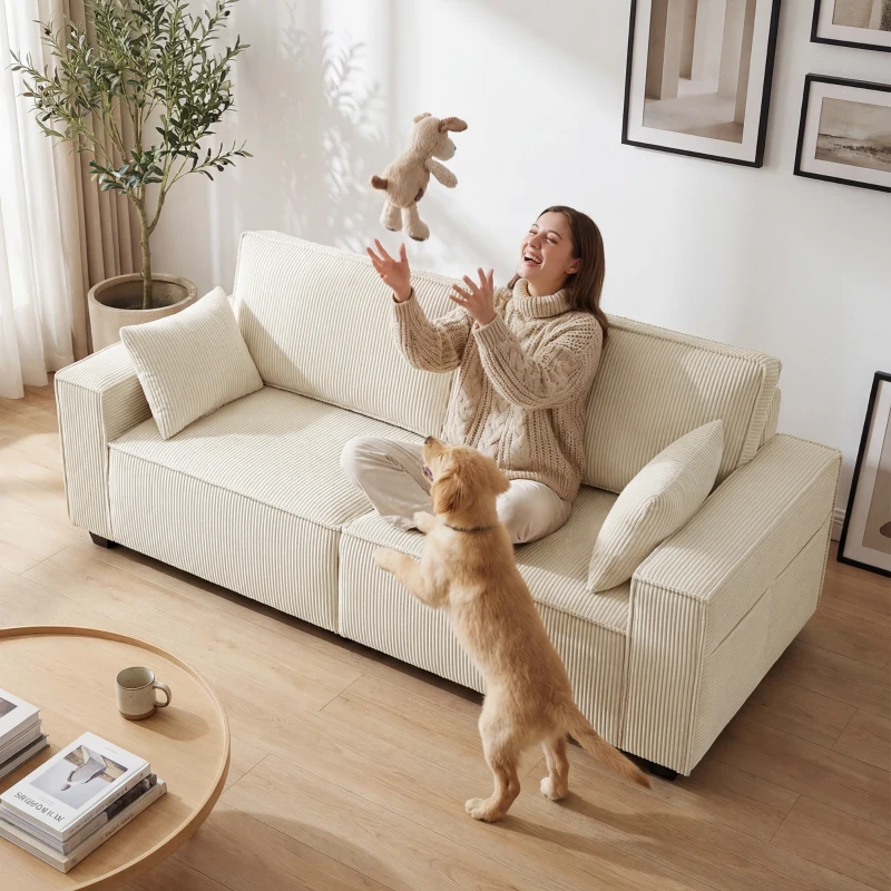 HOMCOM 86" 3 Seater Sofa, Modern Corduroy Upholstered Couch, Beige