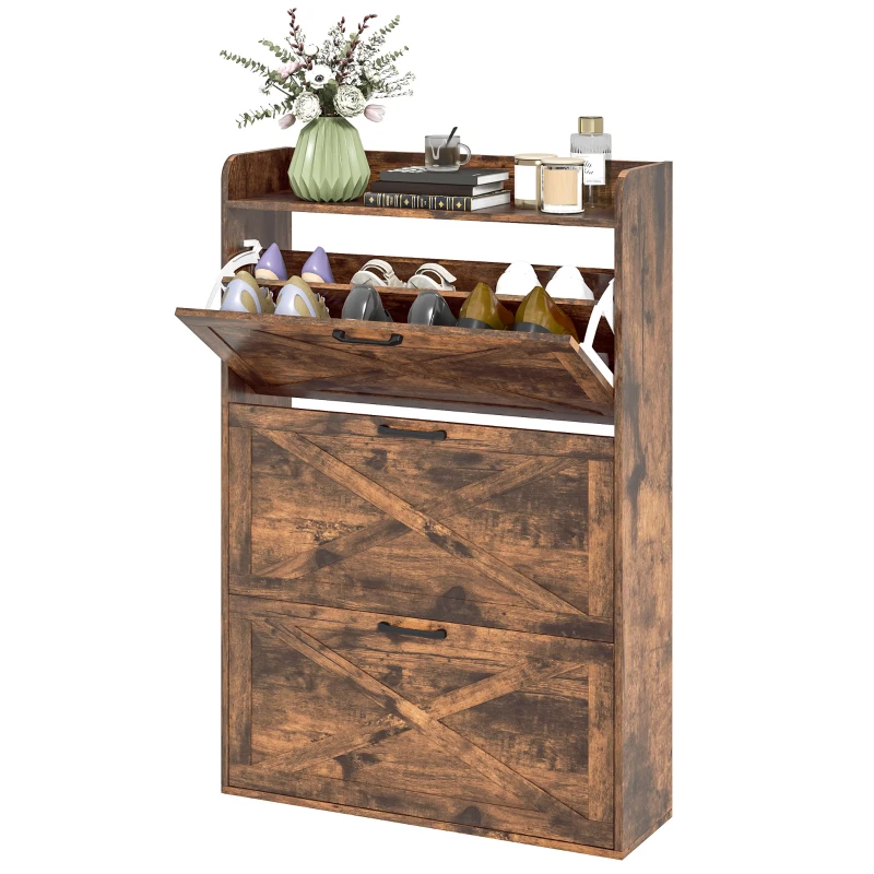 HOMCOM Narrow Shoe Storage Cabinet Farmhouse Shoe Cabinet with 3 Flip Drawers Adjustable Shelves for Entryway Rustic Brown