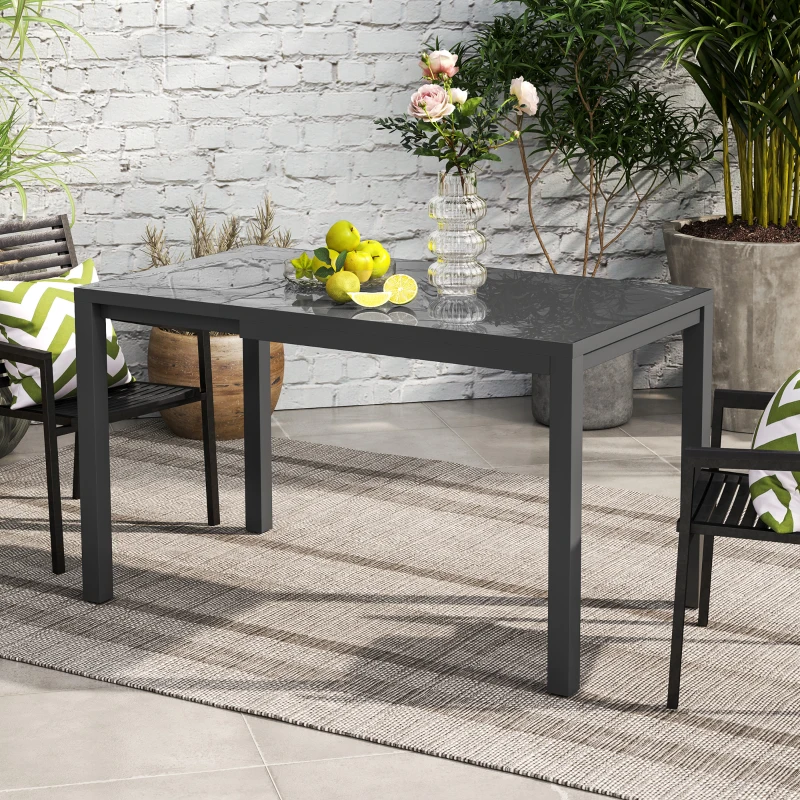 Outsunny Extendable Patio Dining Table, 33.5"-49.2" Adjustable Outdoor Dining Table for 4-6 Person, with Tempered Glass Top, Metal Frame, for Lawn, Garden, Dark Grey