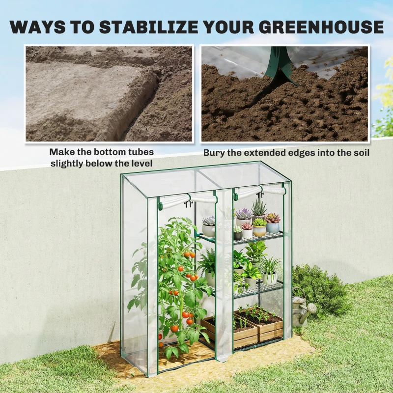 Outsunny Mini Greenhouse, Portable Greenhouse with 3 Shelves, 2 Roll-up Doors, 56.3" x 17.7" x 59.4", Clear