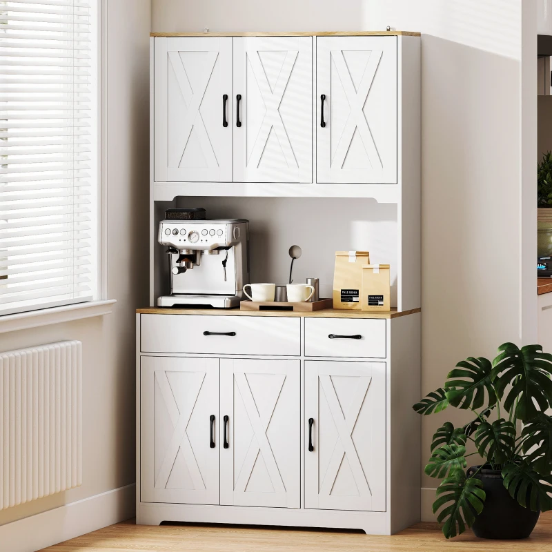 HOMCOM Tall Kitchen Pantry, 6 Doors, 2 Drawers, Adjustable Shelves & Worktop, Rustic Storage Cabinet for Living Room White