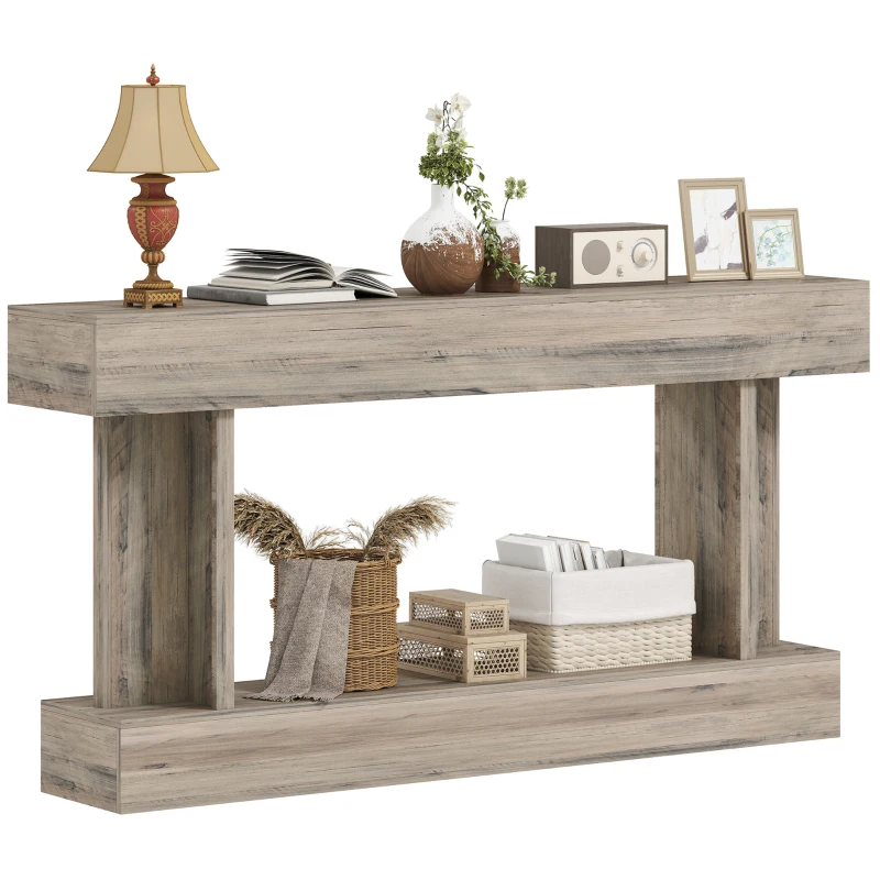 HOMCOM 63 Inch Long Console Table, Vintage Narrow Entryway Table with Storage Shelf for Living Room and Hallway, Light Brown