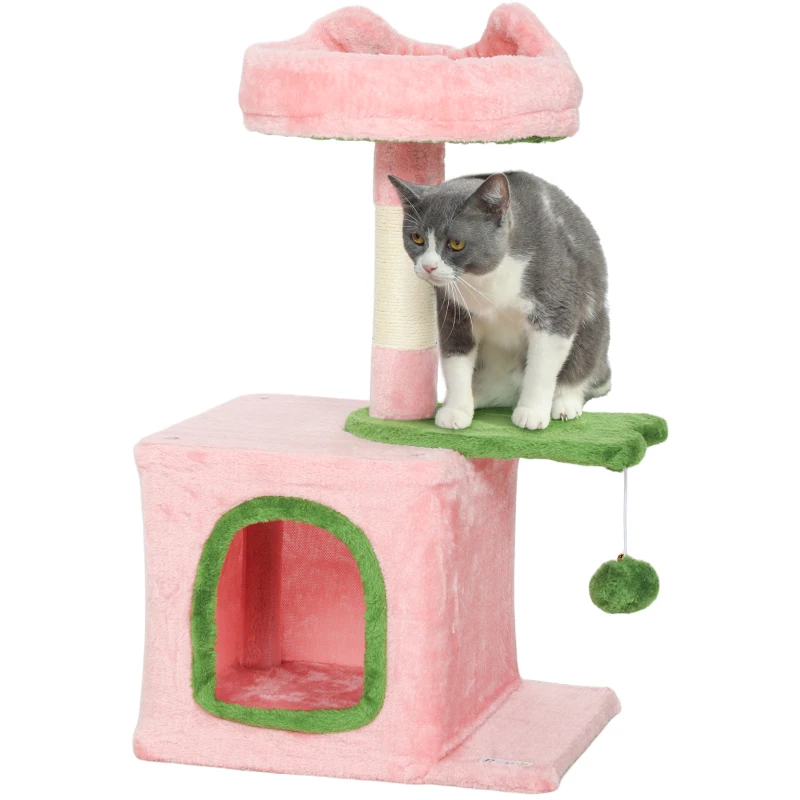 PawHut 28" Cat Tree Tower with Plush Top Bed, Cozy Condo, Sisal Scratching Post, Perch, Dangling Ball, Pink & Green