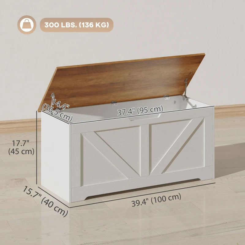 HOMCOM 39.4 Inches Storage Chest, Storage Trunk with 2 Safety Hinges for Living Room, Brown and White Wood Grain