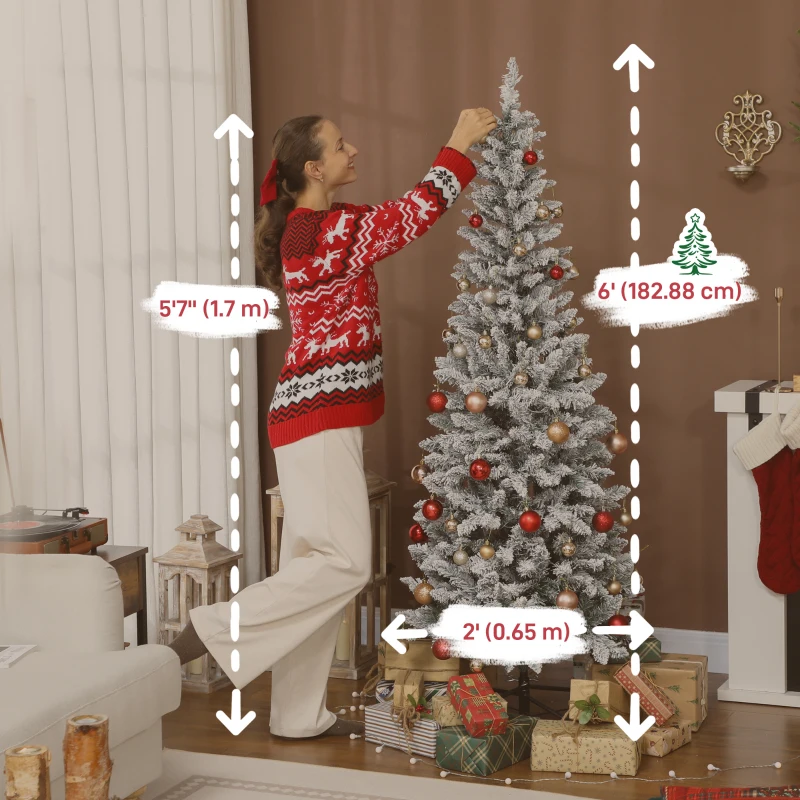 HOMCOM 6ft Flocked Christmas Tree with Dual Colour LED Light, Pencil Hinged Xmas Tree with 11 Light Modes, Easy Assembly