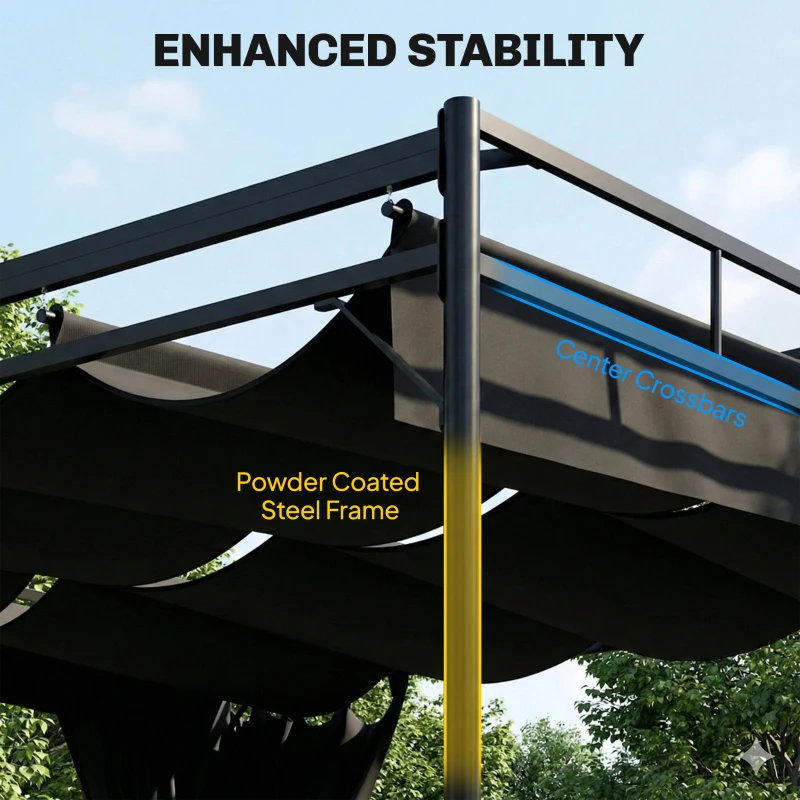 Outsunny 10' x 10' Retractable Pergola Canopy, Outdoor Pergola with Curtains, Metal Garden Gazebo Sun Shade Shelter for Patio