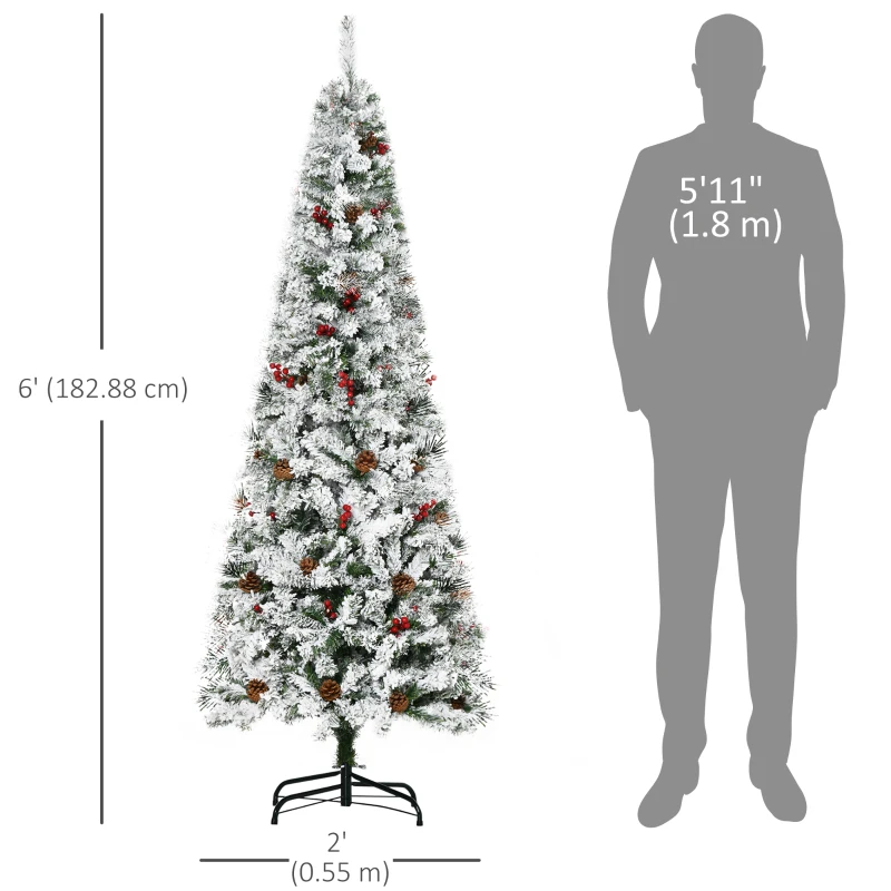 HOMCOM 6 Foot Pencil Snow Flocked Artificial Christmas Tree with 600 Pine Realistic Branches, Pine Cones, Red Berries, Auto Open, Green