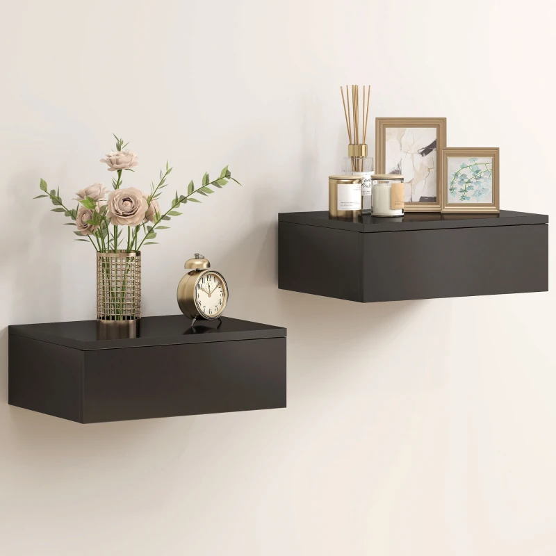 HOMCOM Set of 2 Wall Mounted Bedside Tables, Floating Nightstands with Drawer for Bedroom, Black