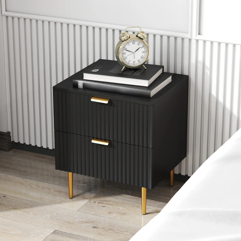 HOMCOM Bedside Table, Modern Nightstand with 2 Drawers, Side End Table with Metal Legs for Living Room, Bedroom, Black