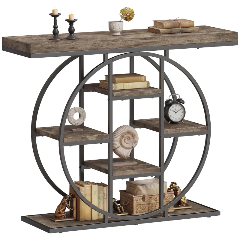 HOMCOM 39.4" Console Table with Storage Shelves, Industrial Sofa Table for Living Room, Hallway, Rustic Brown