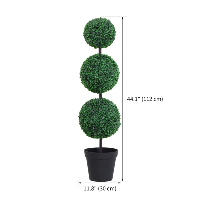 Outsunny Set of 2 Artificial Ball Boxwood Topiary Trees, 44.1" Fake Plants in Pots for Outdoor Indoor Decor, Dark Green