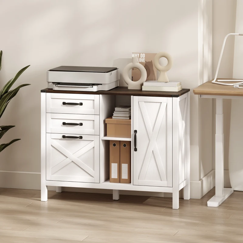 HOMCOM Lateral Filing Cabinet with Drawers, Shelves, Adjustable Hanging Bar for Home Office, Fit A4/Letter Files, White