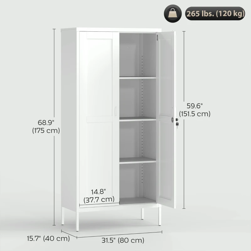 HOMCOM Office Storage Cabinet, Lockable Filing Cabinet with 3 Adjustable Shelves and 2 Doors for Home Office, Garage, White