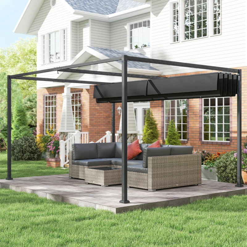 Outsunny 10' x7' Patio Pergola with Retractable Canopy, Outdoor Sun Shelter, Yard Shade, Black