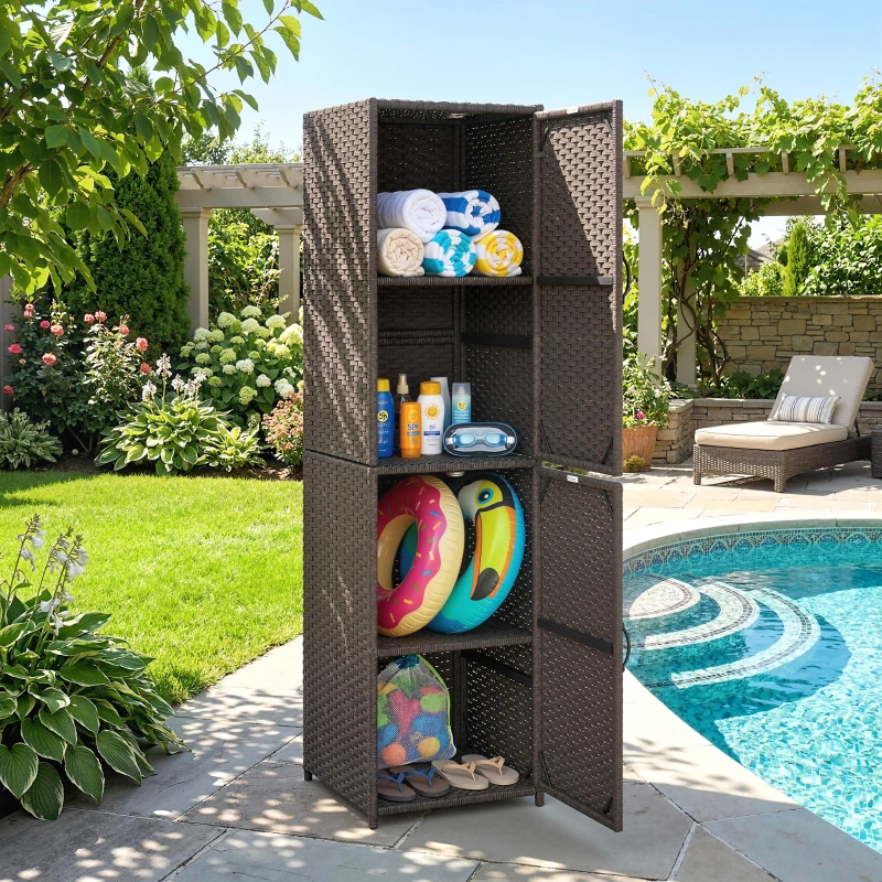 Outsunny Wicker Outdoor Storage Cabinet, 4 Shelf Patio Storage Cabinet with Adjustable Shelves and Magnetic Doors, Brown
