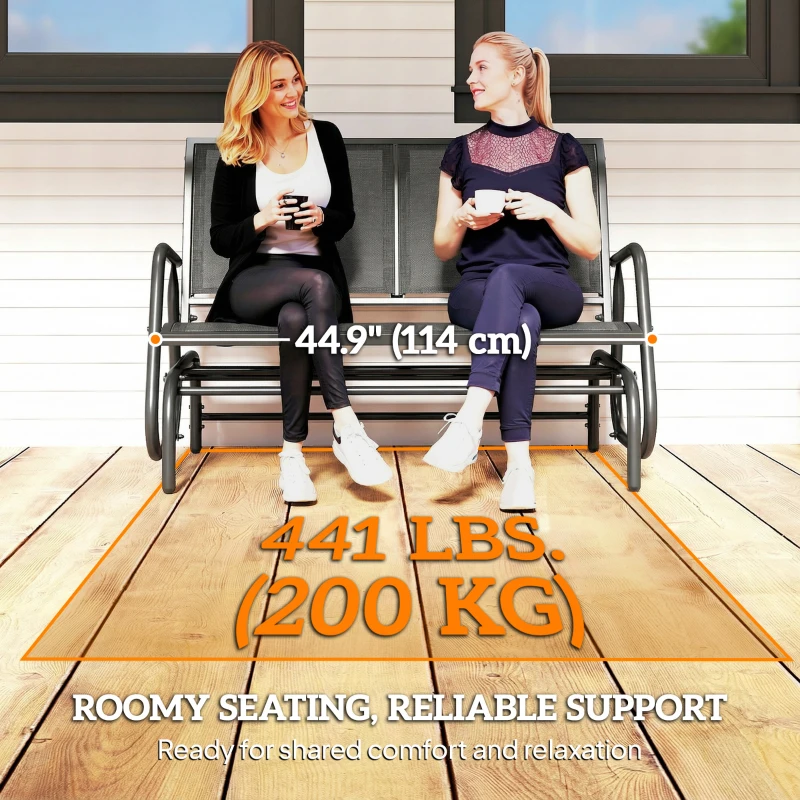 Outsunny Outdoor Glider Bench, 2 Seater Garden Patio Glider Chair with Sling Fabric Seat, Steel Frame, Black