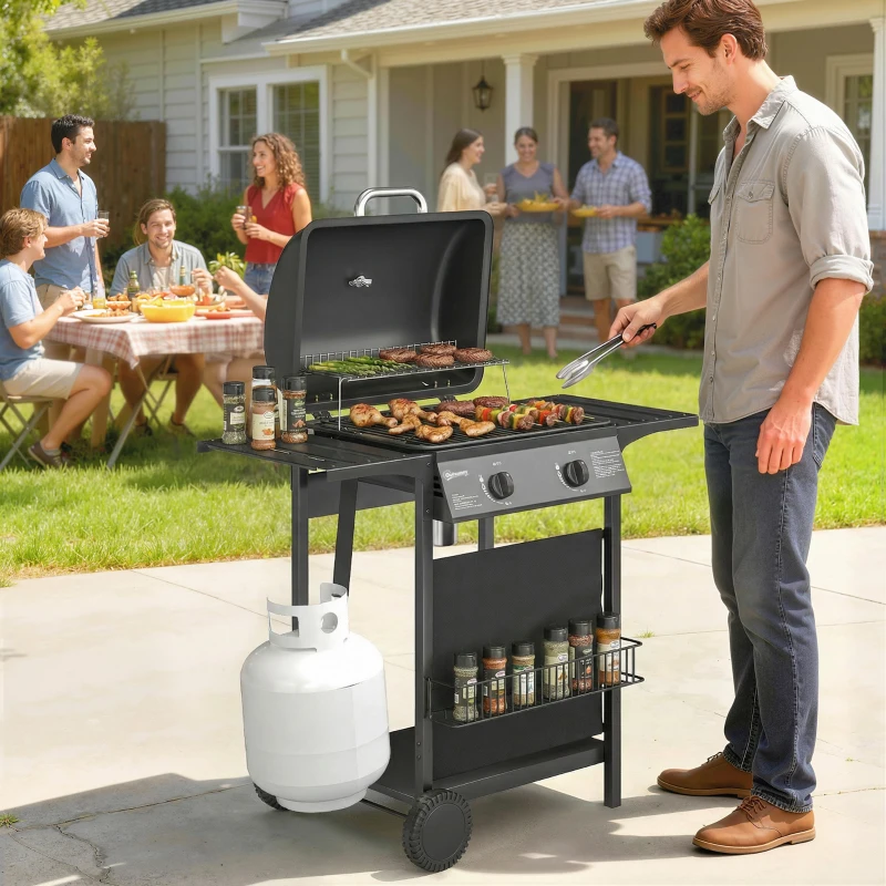 Outsunny 2 Burner Propane Gas Grill, 18000 BTU BBQ Grill with Wheels, Warming Rack, Shelf, Thermometer, Grease Cup, Black