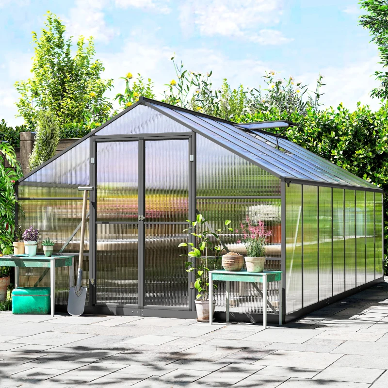 Outsunny Polycarbonate Greenhouse, Walk-in Green House with Two Top Windows, Rain Gutter and Swing Door, 8' x 16' x 7', Dark Grey