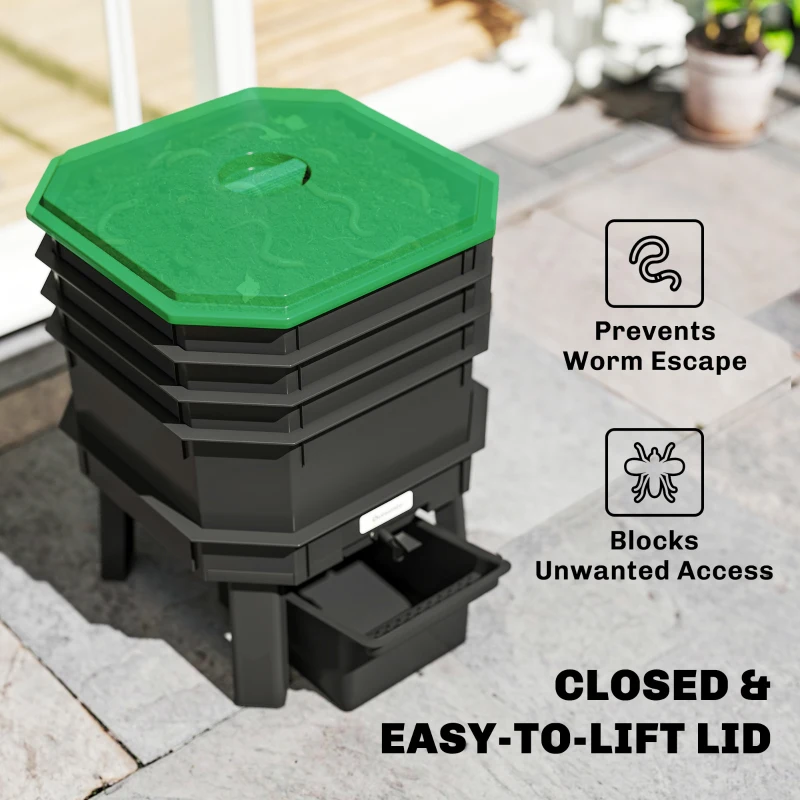 Outsunny 4-Tray Worm Composter Bin, 7.4 Gal Outdoor & Indoor Worm Composter for Recycling Food Waste, Dark Green