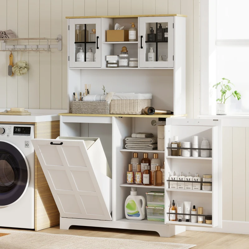 HOMCOM Kitchen Pantry Cabinet with Charging Station, 7 Gallon Trash Can Cabinet, Adjustable Shelves and Acrylic Doors, White