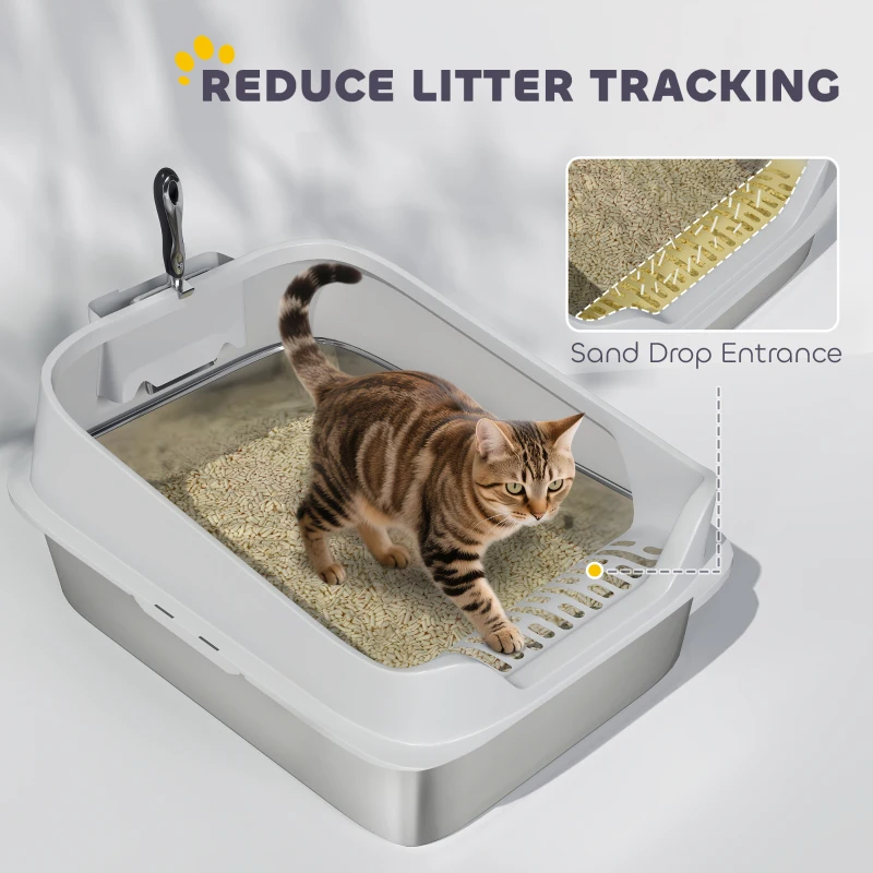 PawHut Cat Litter Box Stainless Steel with Metal Litter Scoop, Never Absorbs Odors, Anti Leakage, 24" x 16" x 12", Grey
