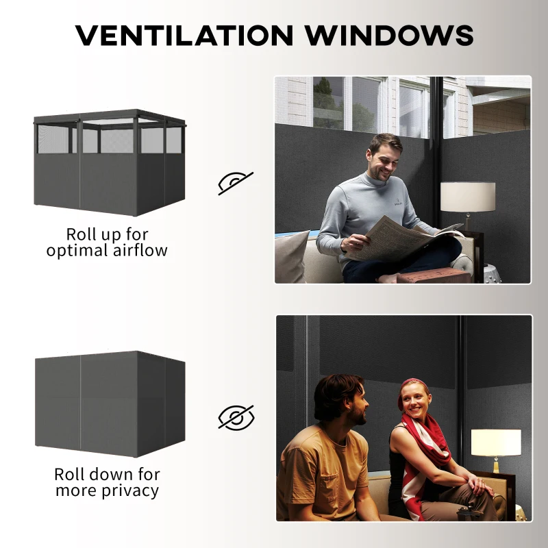 Outsunny Gazebo Curtains, 10' x 10' Universal Replacement Privacy Curtain, 4-Panels Sidewall with Roll up Mesh Windows, Dark Grey