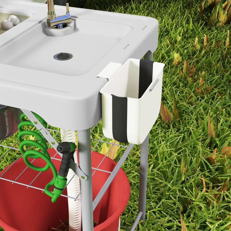 Outsunny Folding Fish Cleaning Table with Sinks, Camping Sink with Faucet Drainage Hose Sprayer Shelf, Grey