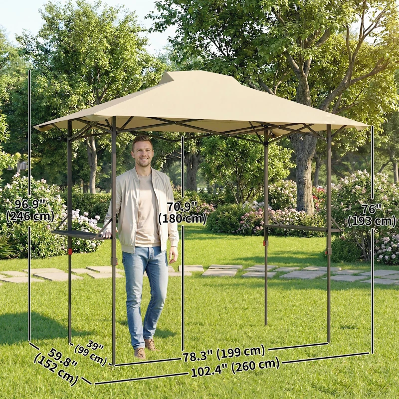 Outsunny 5 x 8.5 ft Pop Up Grill Gazebo with 2 Shelves, UPF 50+ Outdoor Instant Canopy Portable Shelter with Carry Bag, Khaki