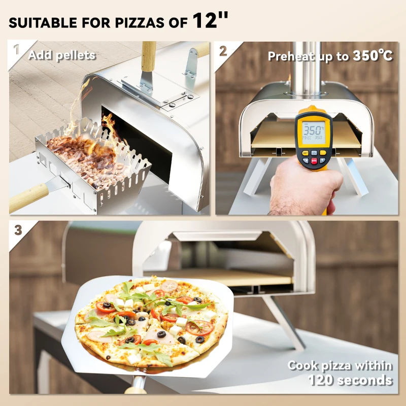 Outsunny Outdoor Pizza Oven, Portable Wood Pellet Pizza Oven with Pizza Stone and Peel, Foldable Legs, Chimney