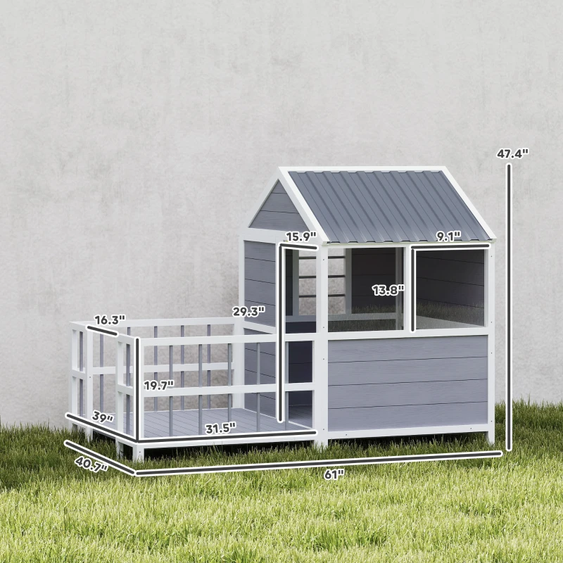 PawHut Outdoor Dog House, 61"L Wooden Dog House with Porch, Weatherproof Roof, Elevated Base, Air Vents & Observation Windows