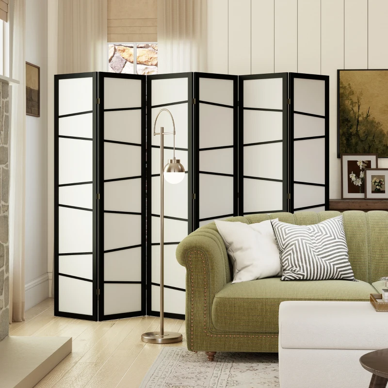 HOMCOM 66.9" Folding Room Divider, 6 Panel Wall Partition with Wood Frame for Bedroom, Home Office, White