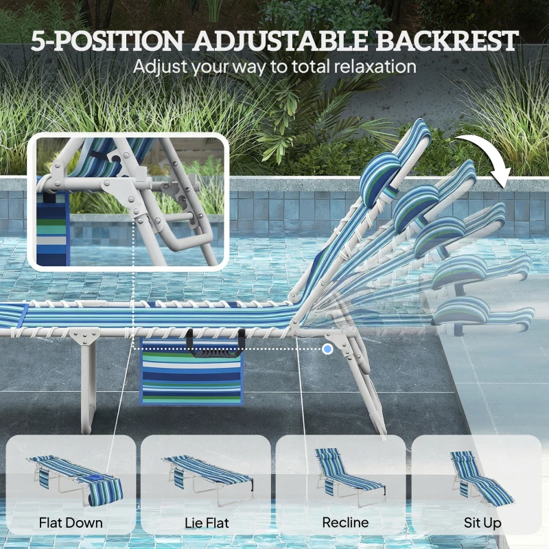 Outsunny Tanning Chair with Face Hole and Side Table, 5-Position Folding Outdoor Chaise Lounge Chair, Blue Stripe