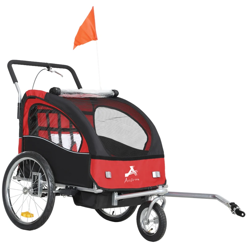 Aosom 2-in-1 Bike Trailer for Kids, Foldable 2-Seat Baby Stroller with 5-Point Harness, Rubber Wheels, Storage Bag, Red
