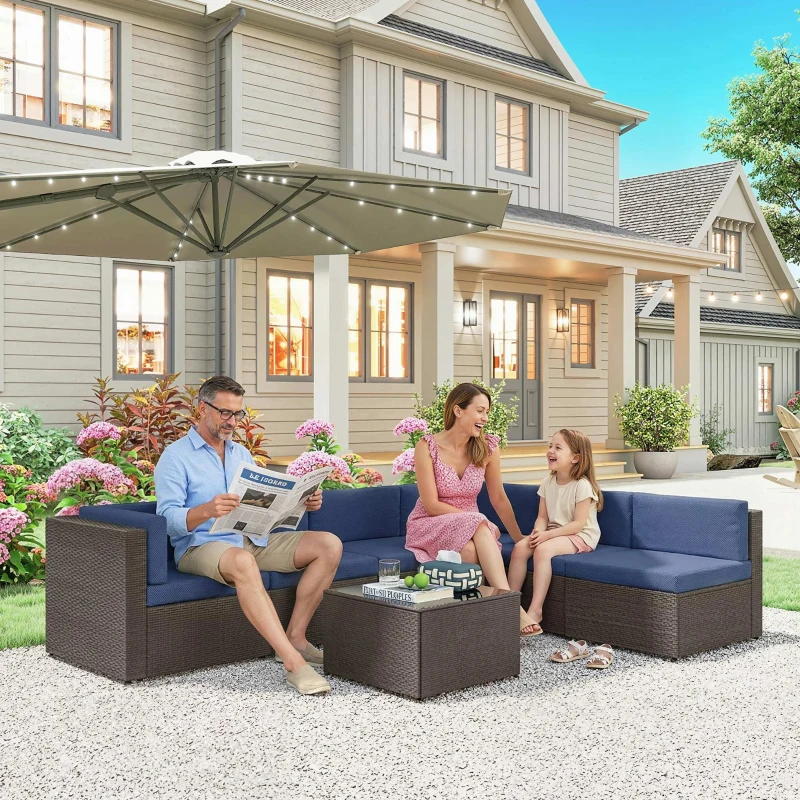 Outsunny 7 Piece Patio Furniture Set, All Weather PE Rattan Outdoor Furniture Conversation Sets with Glass Top Coffee Table