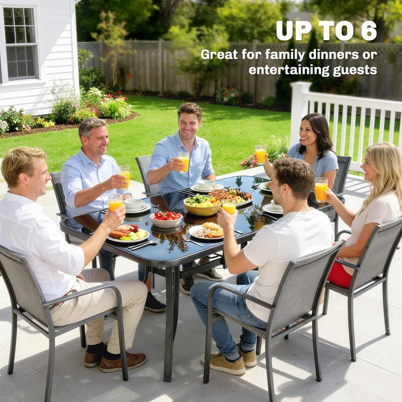 Outsunny Outdoor Dining Table for 6 with Umbrella Hole, Metal Patio Dining Table with Tempered Glass Top