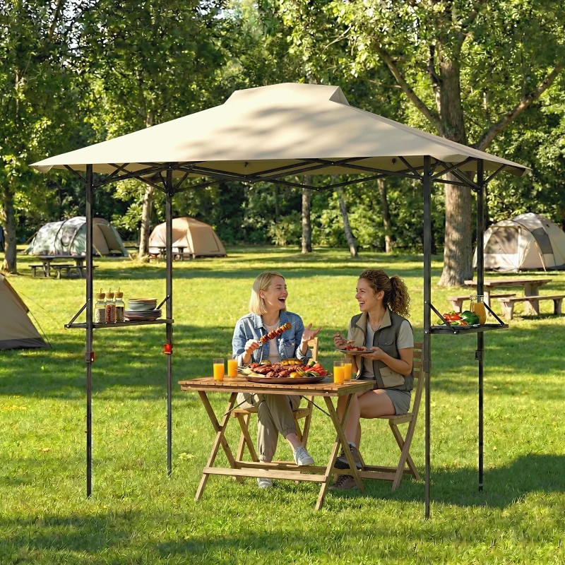 Outsunny 5 x 8.5 ft Pop Up Grill Gazebo with 2 Shelves, UPF 50+ Outdoor Instant Canopy Portable Shelter with Carry Bag, Khaki
