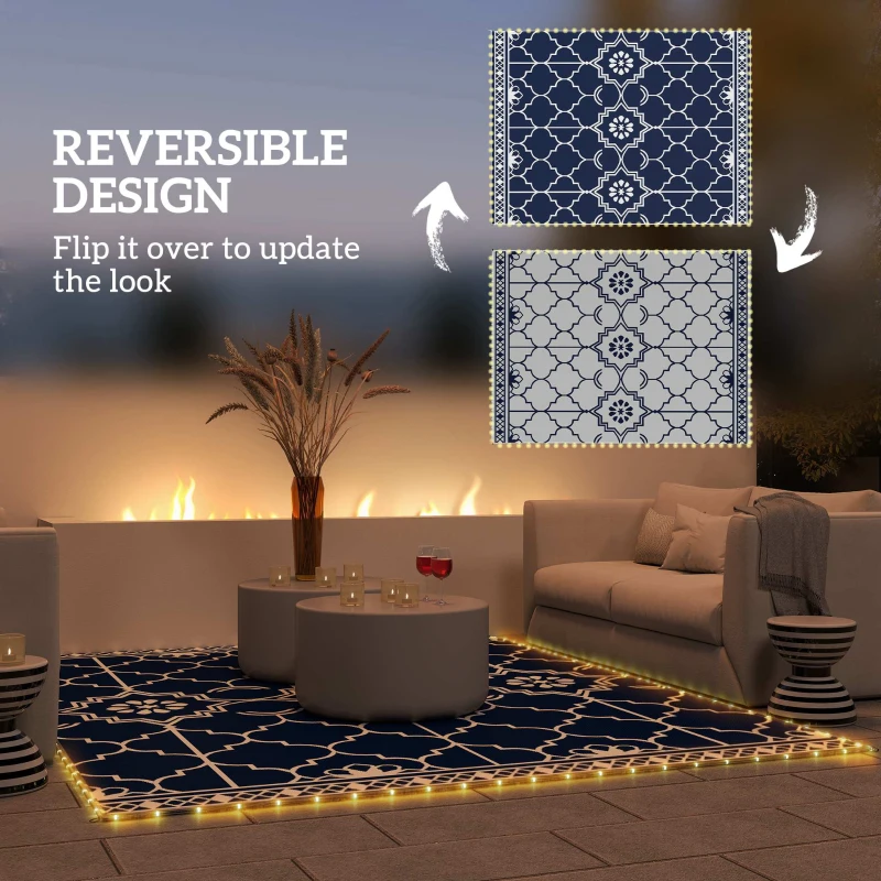 Outsunny Reversible Outdoor Rug Carpet with LED Lights, 12' x 9' PP Straw Rug with Carry Bag and Ground Stakes