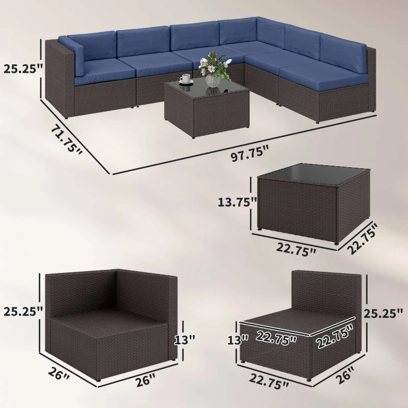 Outsunny 7 Piece Patio Furniture Set, All Weather PE Rattan Outdoor Furniture Conversation Sets with Glass Top Coffee Table