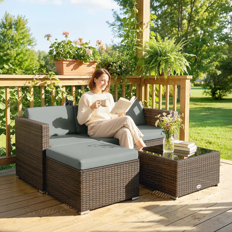 Outsunny 3 Pieces Patio Furniture Set with Cushions, Outdoor PE Rattan Wicker Conversation Corner Sofa Set with Glass Top Table