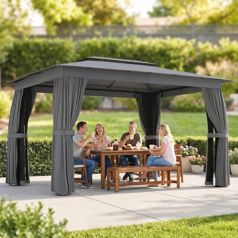 Outsunny 10' x 12' Outdoor Patio Gazebo, Soft Top Gazebo Canopy Shelter with Curtains, Netting, Steel Frame, Hooks, Dark Gray