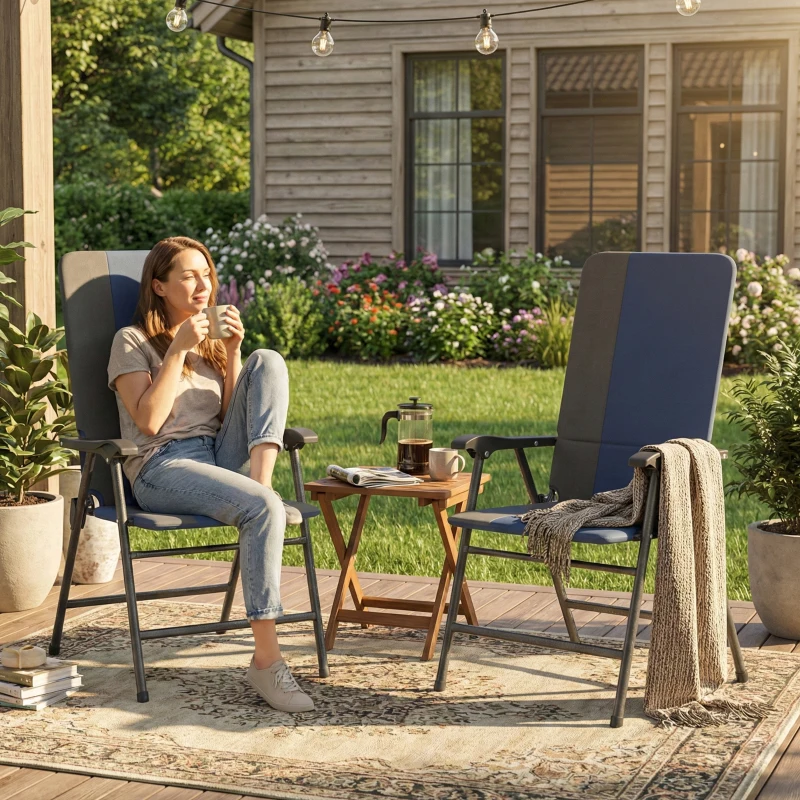 Outsunny Folding Patio Chairs Set of 2, Padded High Back Lawn Camping Chairs with Armrests, 600D Oxford Fabric, Dark Blue