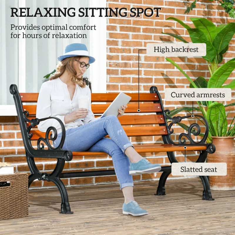 Outsunny 47 Inch Outdoor Garden Bench, Patio Loveseat with Unique Armrests, Slatted Seat Back, 528 lbs. Capacity, Teak Colour