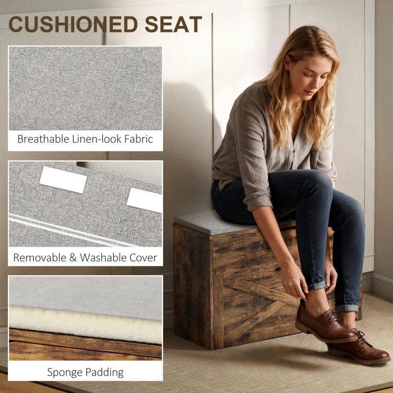 HOMCOM Shoe Storage Bench with Flip Drawer and Lift Top Storage, Entryway Bench with Seat Cushion for Hallway, Rustic Brown