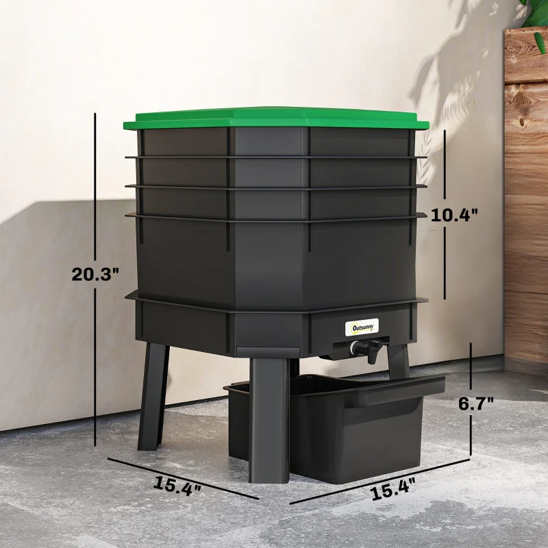 Outsunny 4-Tray Worm Composter Bin, 7.4 Gal Outdoor & Indoor Worm Composter for Recycling Food Waste, Dark Green