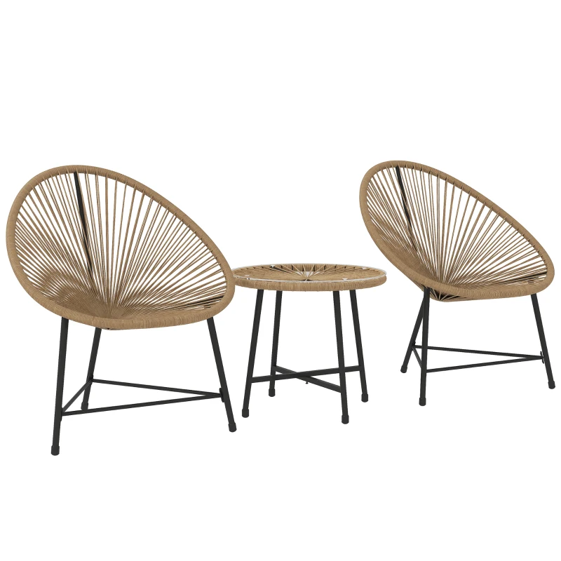 Outsunny Outdoor Bistro Set, 3 Piece Wicker Patio Furniture Set with Acapulco Chairs and Glass-Top Table, Natural Wood