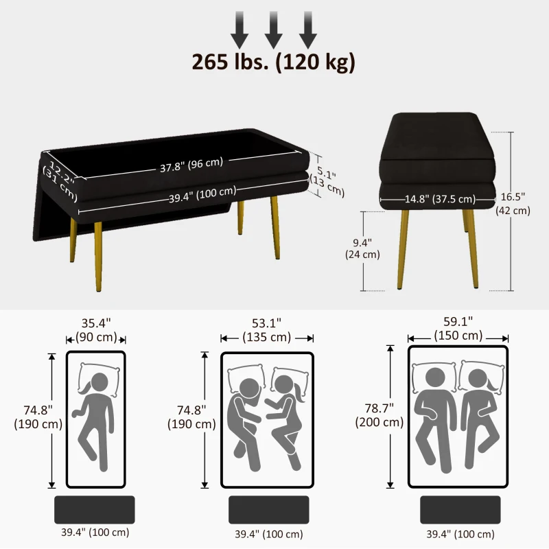 HOMCOM 39" Storage Ottoman, Velvet End of Bed Bench with Steel Legs, Foot Stool with Storage for Bedroom, Living Room, Black