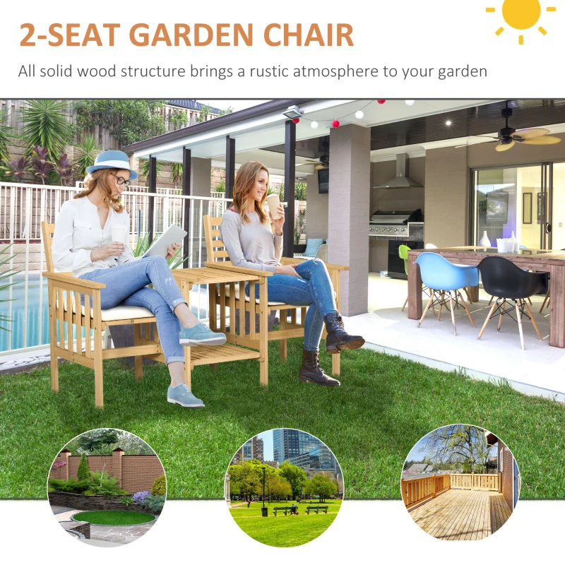 Outsunny Outdoor Wood Loveseat with Middle Table, Garden Table and Chairs Set with Cushions and Umbrella Hole, 2-Seater Outdoor Furniture Set for Balcony, Patio, Brown
